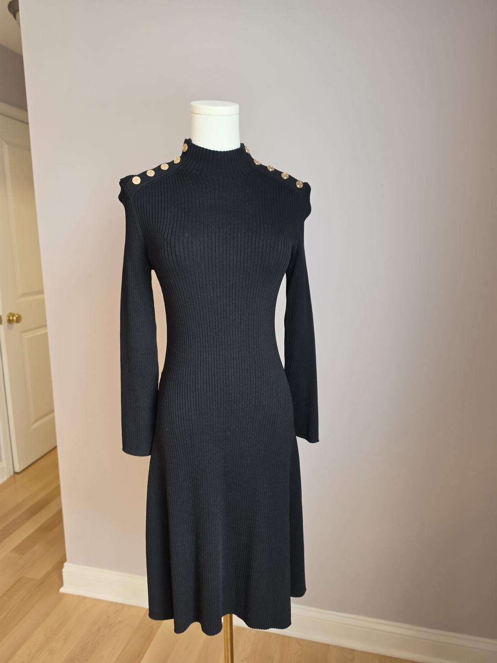 Maje Black Ribbed Midi Dress with Gold Shoulder Buttons